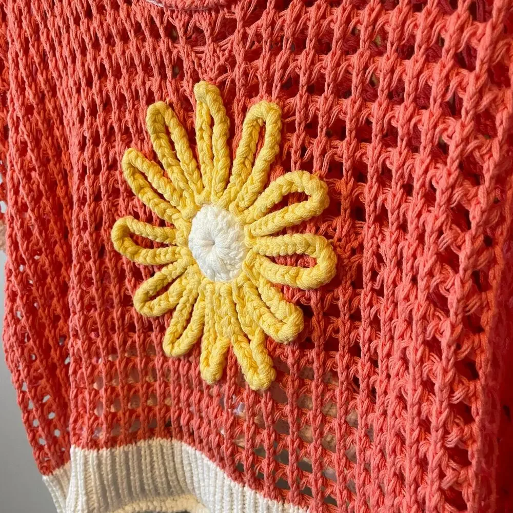 POL Flower Open Knit Crochet Sweater Daisy orange sz S - Picture 6 of 14